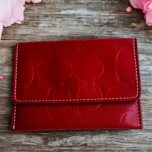 Coach Red Signature Leather Business Card Holder - Picture 1 of 8